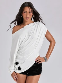 ACID BLVD Autumn/Winter Y2K Soft Sexy Avant-Garde Draped Cut Asymmetrical Neck Asymmetrical Long Sleeve T-Shirt - White - View 3