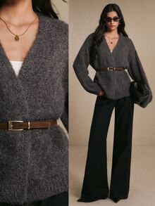 Poéselle Women's Charcoal Gray Fuzzy Wrap Cardigan – Soft V-Neck Open-Front Long-Sleeve Relaxed Oversized French Elegant Fit Brown Sweater Fall Winter Office - Brown - View 2