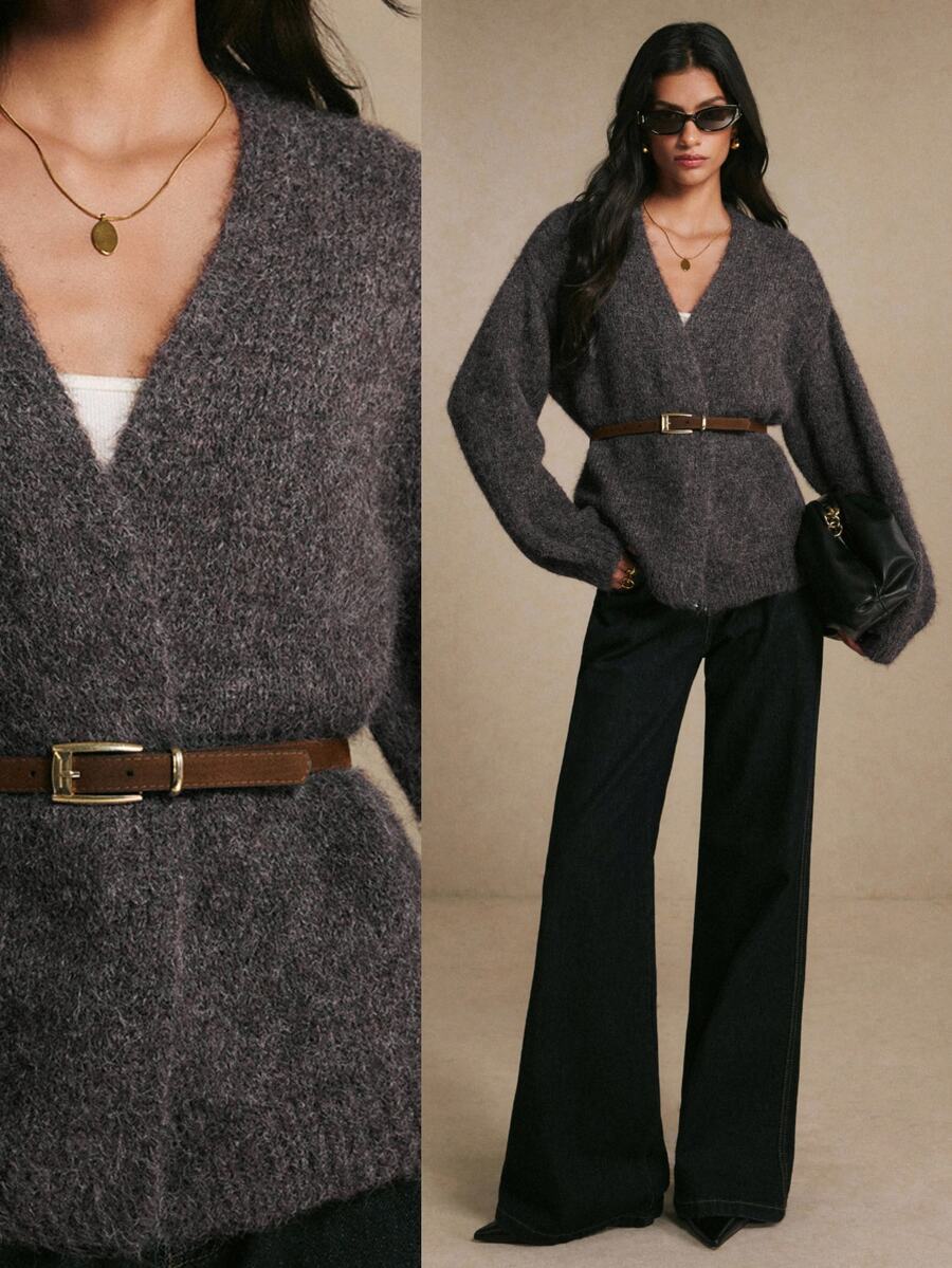 Poéselle Women's Charcoal Gray Fuzzy Wrap Cardigan – Soft V-Neck Open-Front Long-Sleeve Relaxed Oversized French Elegant Fit Brown Sweater Fall Winter Office