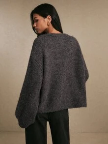 Poéselle Women's Charcoal Gray Fuzzy Wrap Cardigan – Soft V-Neck Open-Front Long-Sleeve Relaxed Oversized French Elegant Fit Brown Sweater Fall Winter Office - Brown - View 9