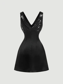 SHEIN MOD Black Sequin Elegant Sleeveless Mini Dress - Black - View 3