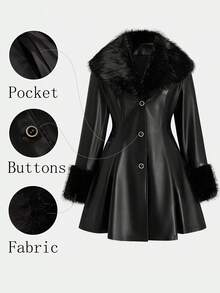 Sweetra Plus Size Women's Faux Fur Collar Sleeve Patchwork Waist-Cinching PU Jacket Winter - Black - View 1