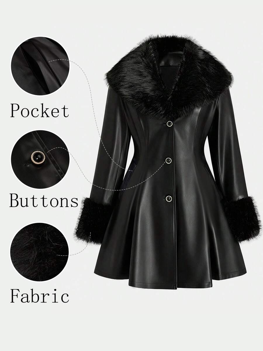 Sweetra Plus Size Women's Faux Fur Collar Sleeve Patchwork Waist-Cinching PU Jacket Winter - Black - View 1