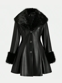 Sweetra Plus Size Women's Faux Fur Collar Sleeve Patchwork Waist-Cinching PU Jacket Winter - Black - View 6