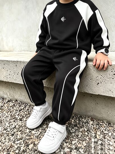 Genkimix Kids 2 piezas/Set Sudadera + Pantalón de Estilo Deportivo Casual de Calle con Gráfico de Rayas Tricolor para Niño, Adecuado para Uso Diario, Escuela, Viajes, Deportes, Primavera/Otoño,