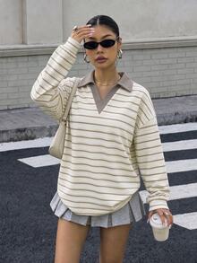 Muchica Women's Polo Collar Long Sleeve Loose Thick Sweatshirt, Suitable For Autumn/Winter, Light-Colored Striped Pattern, Casual Fashion, Campus Style - Multicolor - View 6