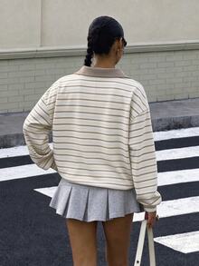 Muchica Women's Polo Collar Long Sleeve Loose Thick Sweatshirt, Suitable For Autumn/Winter, Light-Colored Striped Pattern, Casual Fashion, Campus Style - Multicolor - View 2