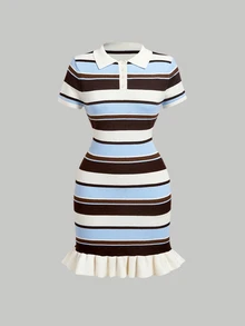 SHEIN MOD Polo Collar Striped Ruffle Hem Slim Fit Knit Dress - Multicolor - View 2
