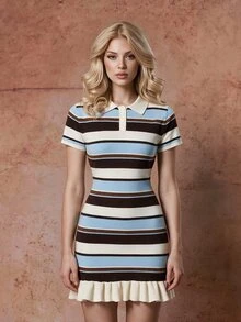 SHEIN MOD Polo Collar Striped Ruffle Hem Slim Fit Knit Dress - Multicolor - View 8