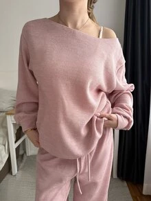 CovetEZ Women's Pink Knit Cold-Shoulder Top And Pants Casual Suit - Pink - View 3