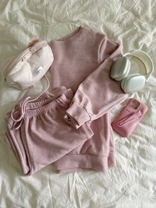 CovetEZ Women's Pink Knit Cold-Shoulder Top And Pants Casual Suit - Pink - View 5