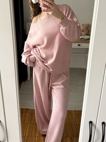 CovetEZ Women's Pink Knit Cold-Shoulder Top And Pants Casual Suit - Pink - View 2
