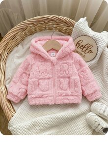 SHEIN 新生女嬰連帽抓絨兔耳休閒百搭開襟拉鍊厚絨外套，保暖冬季戶外穿著，百搭百用，適合休閒外出、度假、旅行及其他場合 - 粉色 - 查看 4