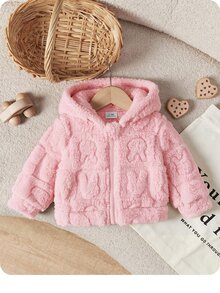 SHEIN 新生女嬰連帽抓絨兔耳休閒百搭開襟拉鍊厚絨外套，保暖冬季戶外穿著，百搭百用，適合休閒外出、度假、旅行及其他場合 - 粉色 - 查看 3