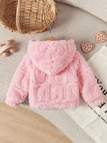 SHEIN 新生女嬰連帽抓絨兔耳休閒百搭開襟拉鍊厚絨外套，保暖冬季戶外穿著，百搭百用，適合休閒外出、度假、旅行及其他場合 - 粉色 - 查看 2