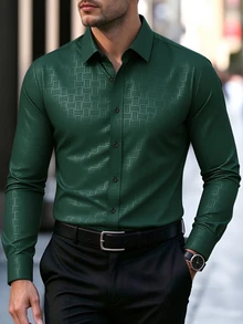 Calvornis Manfinity CasualCool Men's Solid-Color Simple Button-Down Long-Sleeve Shirt - Effortlessly Elegant Style | A Perfect Gift For Husbands, Ideal For - Dark Green - View 2