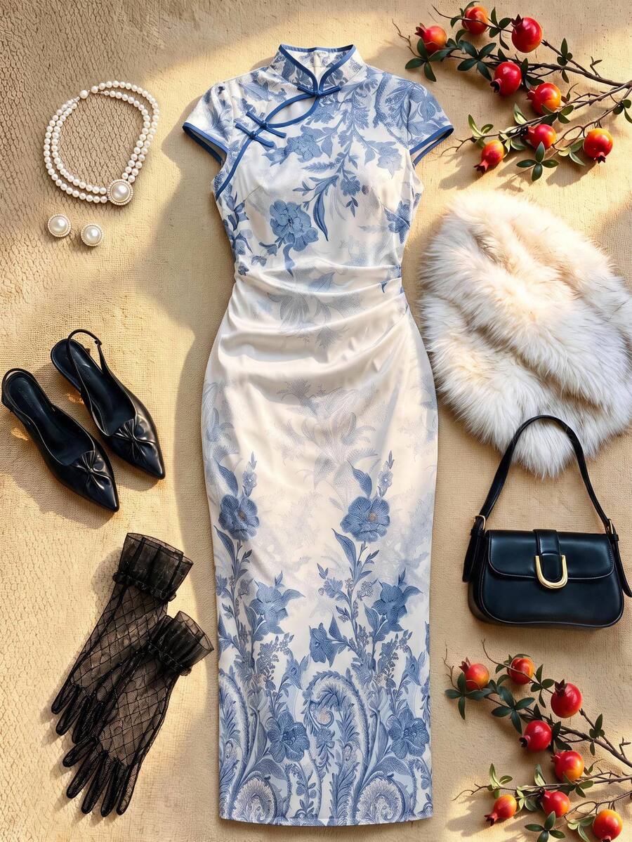 EastFlair Plus Size Summer Elegant Floral Print Dress Chinese Style Chic Dress Party - Multicolor - View 1