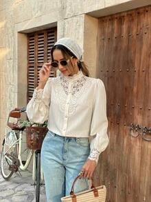 Pariaura 女士撞色蕾丝长袖单排扣优雅衬衫 - 杏色 - 查看 6