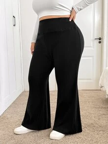 SHEIN CURVE+ Plus Size Women's Ribbed Elastic Wide Waist Flare Leg Pants, Multiple Leg Shapes, 2026 Autumn/Winter 22W - Black - View 4