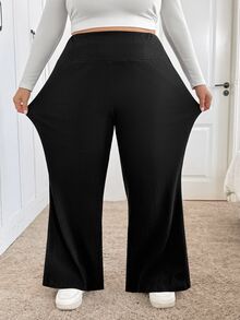 SHEIN CURVE+ Plus Size Women's Ribbed Elastic Wide Waist Flare Leg Pants, Multiple Leg Shapes, 2026 Autumn/Winter 22W - Black - View 7