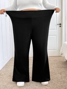 SHEIN CURVE+ Plus Size Women's Ribbed Elastic Wide Waist Flare Leg Pants, Multiple Leg Shapes, 2026 Autumn/Winter 22W - Black - View 5