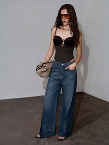 MOTF PREMIUM SPRING/SUMMER SIDE COLORBLOCK WIDE LEG JEANS, URBAN CHIC DAILY WEAR - Dark Wash - View 8