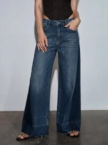 MOTF PREMIUM SPRING/SUMMER SIDE COLORBLOCK WIDE LEG JEANS, URBAN CHIC DAILY WEAR - Dark Wash - View 6