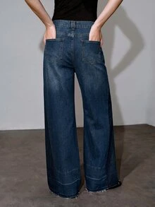 MOTF PREMIUM SPRING/SUMMER SIDE COLORBLOCK WIDE LEG JEANS, URBAN CHIC DAILY WEAR - Dark Wash - View 7