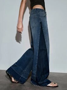 MOTF PREMIUM SPRING/SUMMER SIDE COLORBLOCK WIDE LEG JEANS, URBAN CHIC DAILY WEAR - Dark Wash - View 5