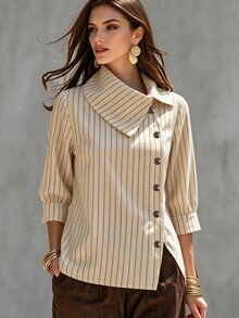 SHEIN 秋季新款高領條紋襯衫，七分袖女式上衣，適合通勤、正式辦公穿搭、春秋穿搭、度假休閒、戶外穿著 - 卡其色 - 查看 1