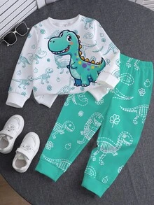 3 Sets Randomly Sent 1 Set, Boys Dinosaur Print Long Sleeve Crew Neck Sweatshirt And Pants Set, Fall Racing Smart, White Patterns, Family, School - Multicolor - View 5