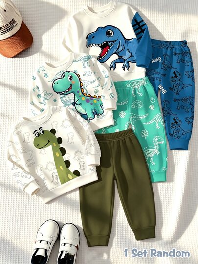 Bộ 3 set gửi ngẫu nhiên 1 set, bộ áo nỉ tay dài cổ tròn và quần cho bé trai in khủng long, phong cách mới xuân/thu, thiết kế tổng thể ngầu và thời trang, đa năng, tôn lên sự năng động của trẻ, màu sắc rực rỡ và họa tiết tinh tế, phù hợp mặc hàng ngày, hoạt động ngoài trời, đi học, làm quà tặng ngày lễ, chụp ảnh đẹp, dùng cho nhiều dịp