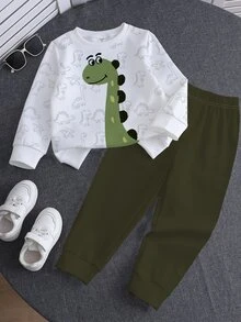 3 Sets Randomly Sent 1 Set, Boys Dinosaur Print Long Sleeve Crew Neck Sweatshirt And Pants Set, Fall Racing Smart, White Patterns, Family, School - Multicolor - View 4