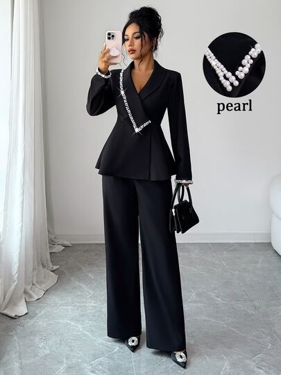 Elenzga Conjunto de blazer com gola de pérolas e folhos e calças largas para mulher, fato elegante de duas peças preto para festas de outono e inverno