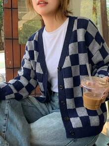 DAZY 女款格紋休閒百搭日常穿搭開襟衫 秋季 - 藍色 - 查看 2