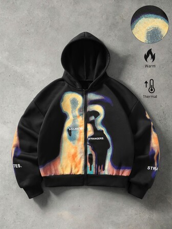 Street Life Herren Kapuzen-Sweatshirt mit verschwommenem Porträt-Muster, lockerer Passform und Reißverschluss