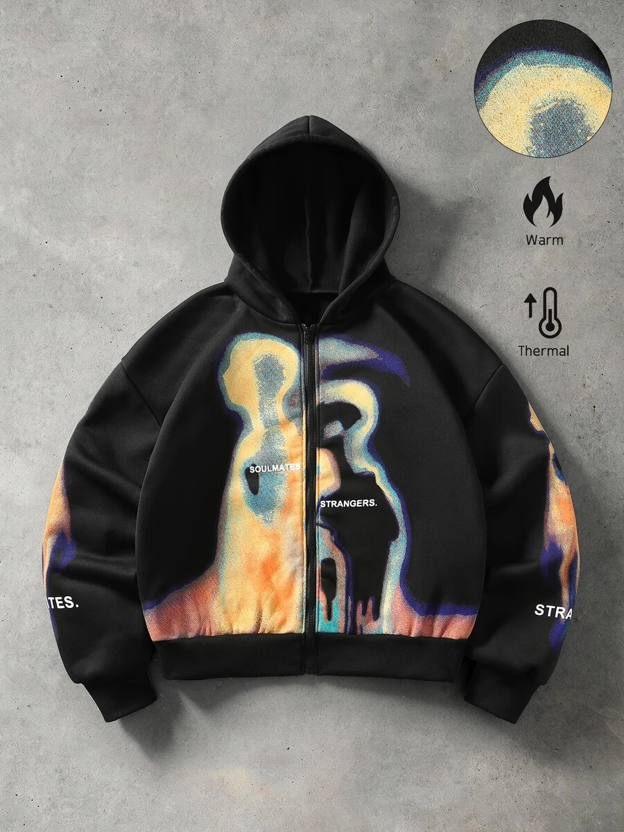 ROMWE MEN Street Life Sweatshirt Hoodie Pria Longgar dengan Resleting dan Motif Potret Buram - Hitam - View 1