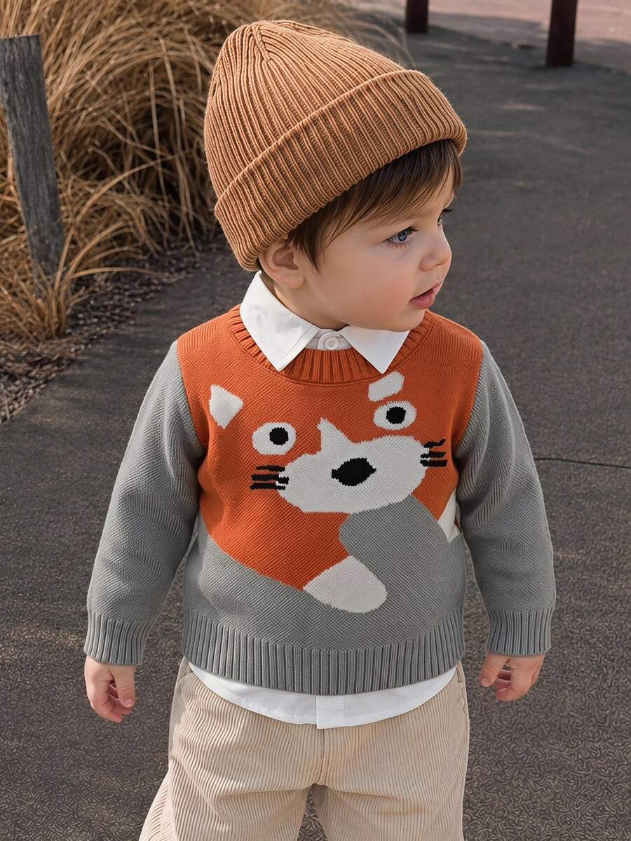 SHEIN Baby Boy Round Neck Cartoon Print Long Sleeve Sweater Autumn Winter - Grey - View 1