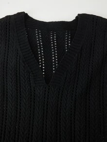 Rusticease Plus Size Black Cable Knit Pocket Polka Dot V Neck Sleeveless Sweater Cozy Casual Vintage 1920s Summer 2026 Party Formal, Elegant Women's Blouses - Black - View 8