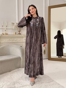 Al Najma Women's Floral Embroidered Button Half-Placket Long Sleeve Elegant Arabian Dress - Khaki - View 7