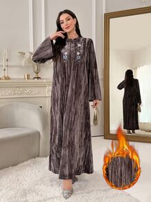 Al Najma Women's Floral Embroidered Button Half-Placket Long Sleeve Elegant Arabian Dress - Khaki - View 1