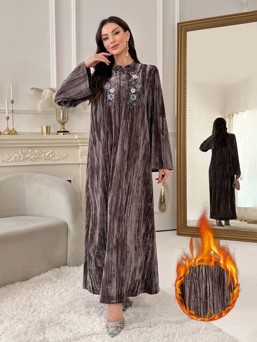 Al Najma Women's Floral Embroidered Button Half-Placket Long Sleeve Elegant Arabian Dress - Khaki - View 1