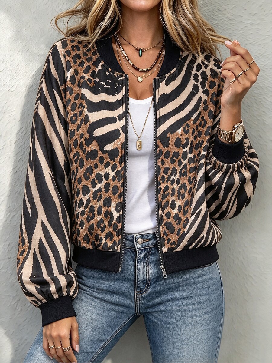 LanaWest CURVE Plus Size Women's Leopard Print Casual Daily Wear Long Sleeve Jacket Winter - Brown - View 1