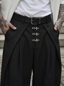 Devon Thys Men's Solid Color Metal Decor Pleated Slant Pocket Casual Wide Leg Pants - smoke gray - View 3