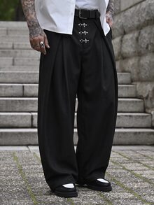 Devon Thys Men's Solid Color Metal Decor Pleated Slant Pocket Casual Wide Leg Pants - smoke gray - View 2