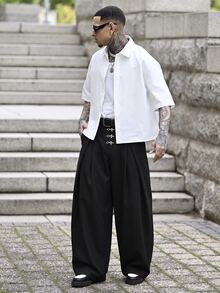 Devon Thys Men's Solid Color Metal Decor Pleated Slant Pocket Casual Wide Leg Pants - smoke gray - View 4
