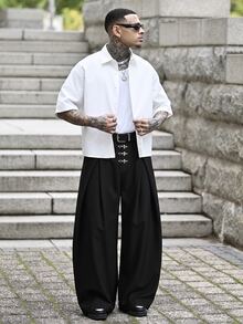 Devon Thys Men's Solid Color Metal Decor Pleated Slant Pocket Casual Wide Leg Pants - smoke gray - View 1