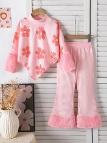 SHEIN YOUNG GIRLS 可愛粉色花卉印花毛絨假領披肩上衣與毛絨飾邊喇叭褲 2 件套 秋冬休閒套裝 - 粉色 - 查看 8