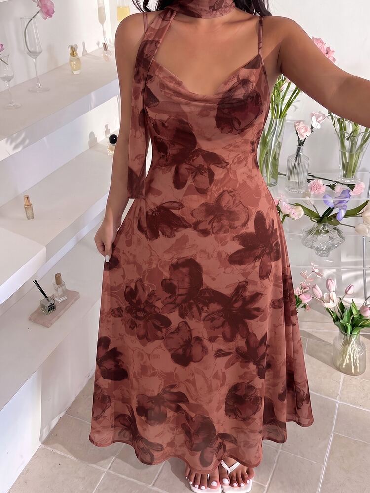 GalTyme Plus Size Vintage Elegant Floral Print Cowl Neck Cami Dress Tea Party Wedding Guest Brown Summer - Coffee Brown - View 5
