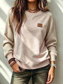 SHEIN LUNE Sweatshirt Kasual Wanita Lengan Raglan, Krem untuk Perjalanan Sehari-hari Musim Gugur - MultiWarna - View 3